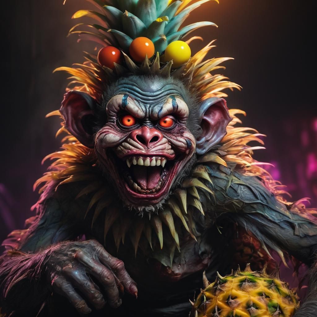 Hyperrealistic Zombie Monkey Clown on Pineapple