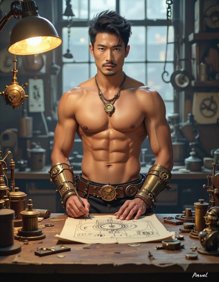 Steampunk Artisan Workshop: Muscular Asian Man
