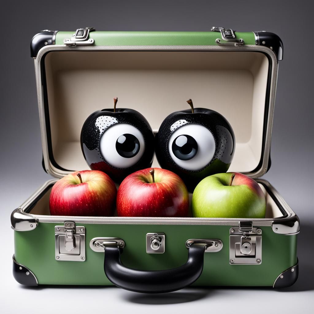 Apple with Googly Eyes in Suitcase: Hyperdetailed Art
