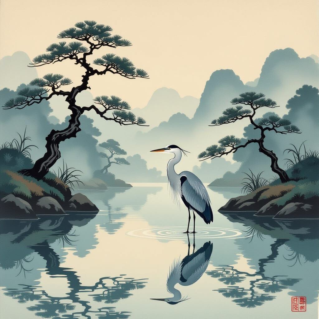 Serene Heron in Misty Pond, Ukiyo-e Style