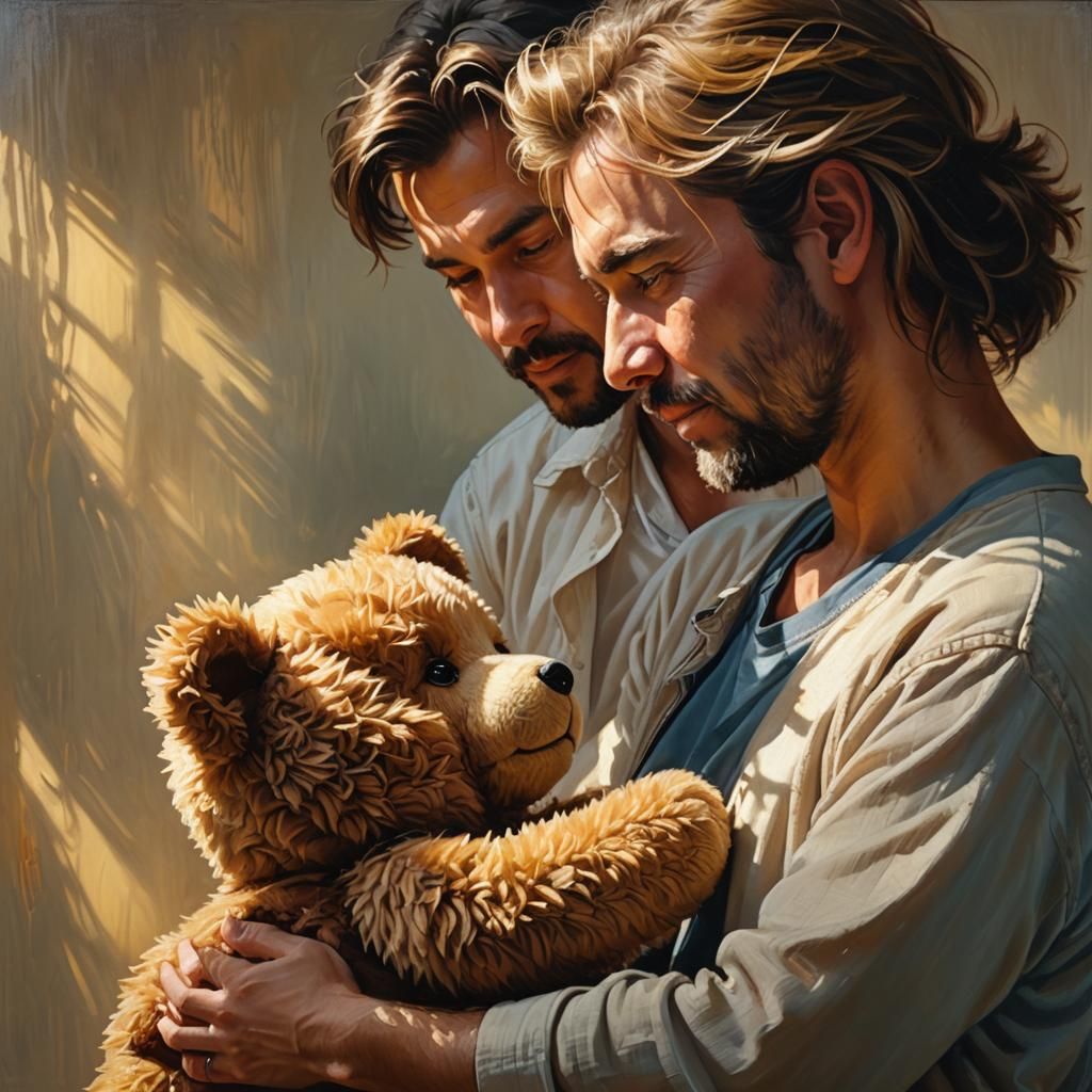 Father Giving Teddy Bear as Oil Painting