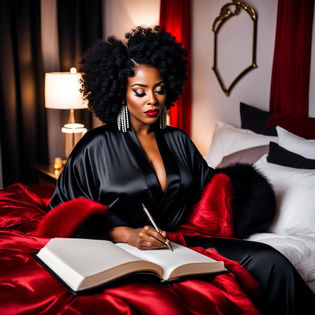 Black Woman Journaling in Luxurious Bedroom