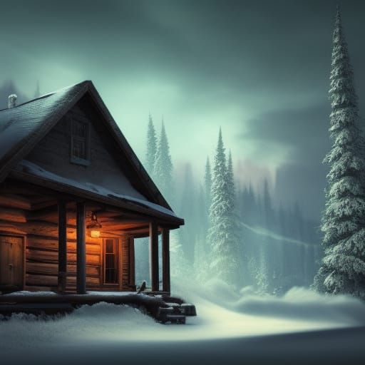 Snowy Abandoned Cabin in Detailed Matte Painting Style