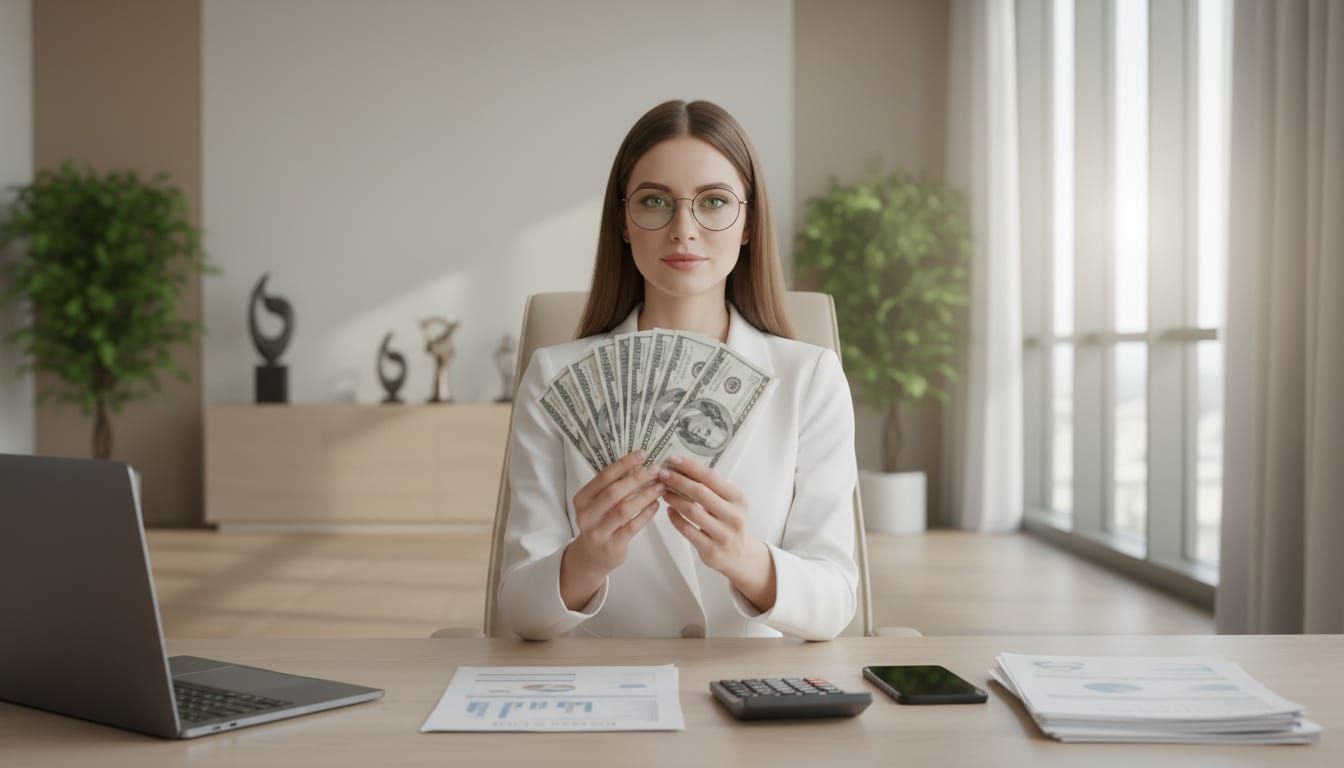 Confident Woman in Luxury Office with Money