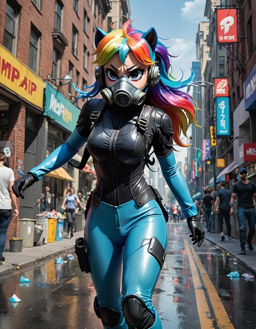Rainbow Dash Humanoid Runs in Hyperdetailed Cityscape