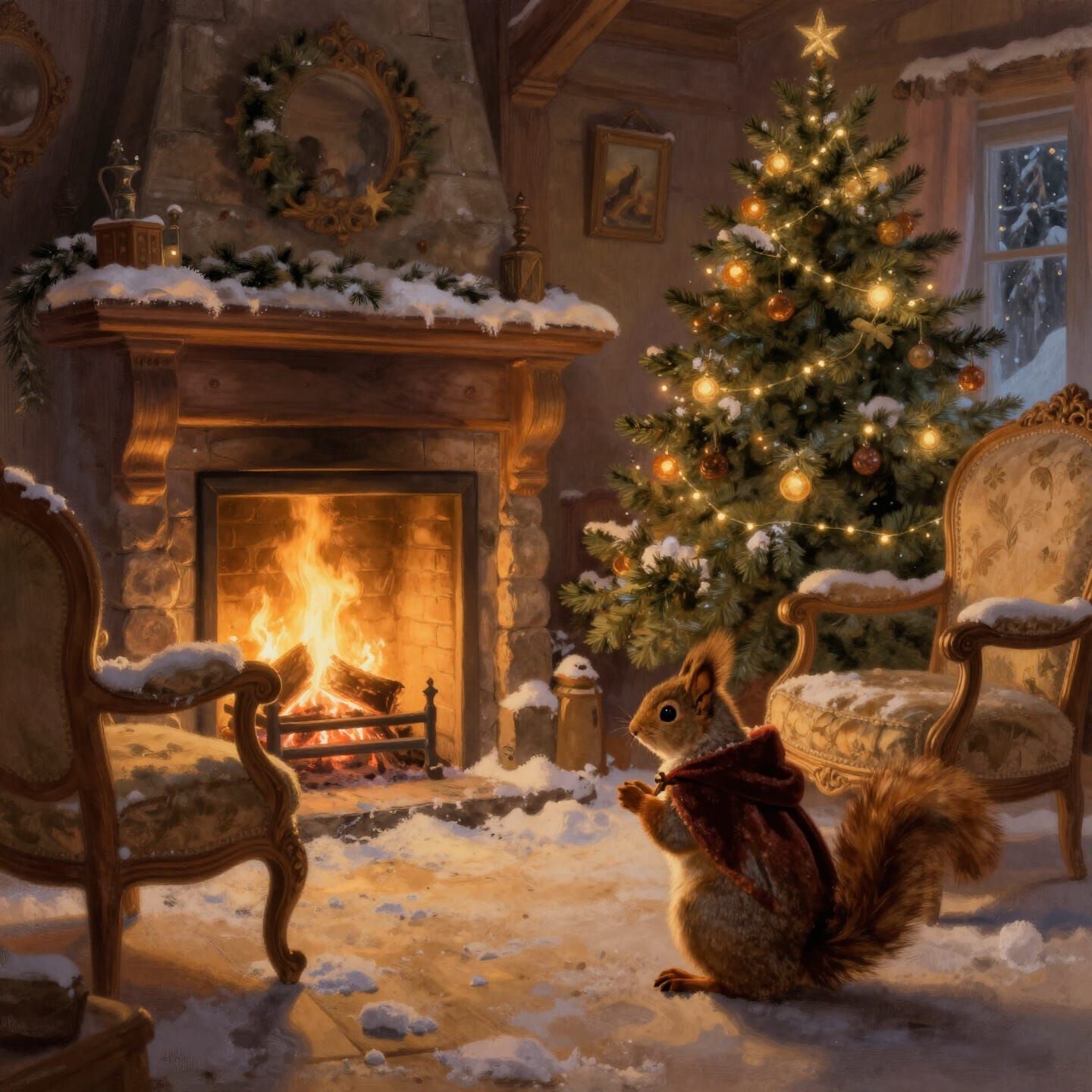 Cozy Christmas Cottage Interior with Enchanted Squirrel
