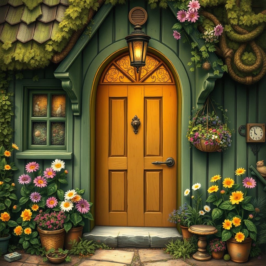 Quaint Green Cottage with Gold Door in Folk Art Style