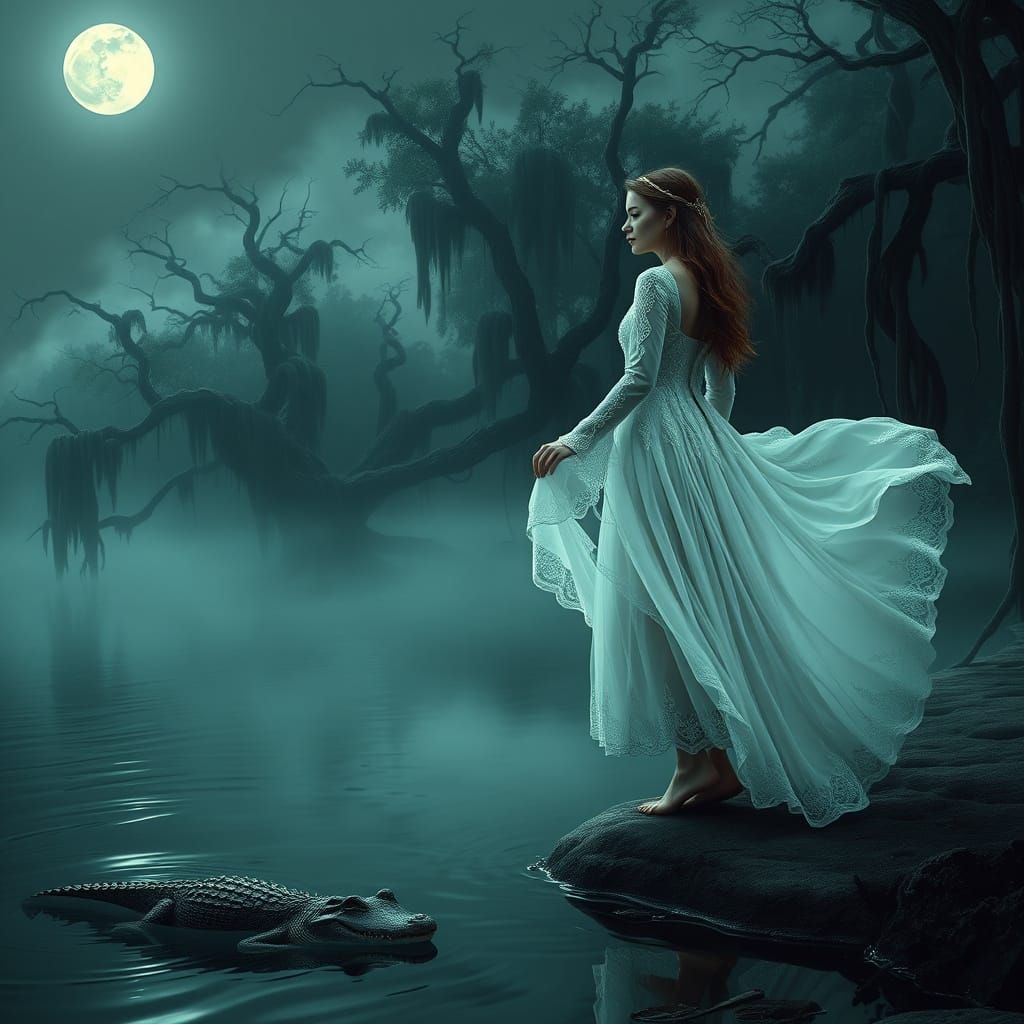 Die Stille am Flussufer tippt mit den Füßen auf einen Alligator sinister by Greg Rutkowski