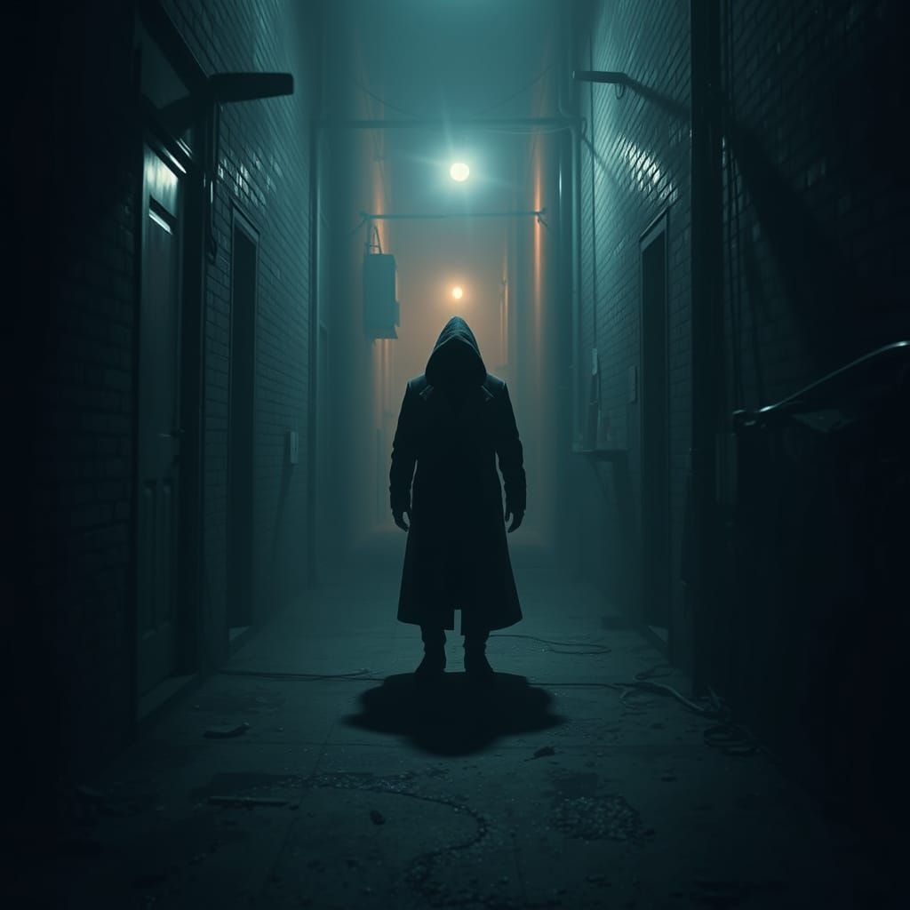 Mysterious Figure in Dim Alleyway: Gritty Cinematic Art