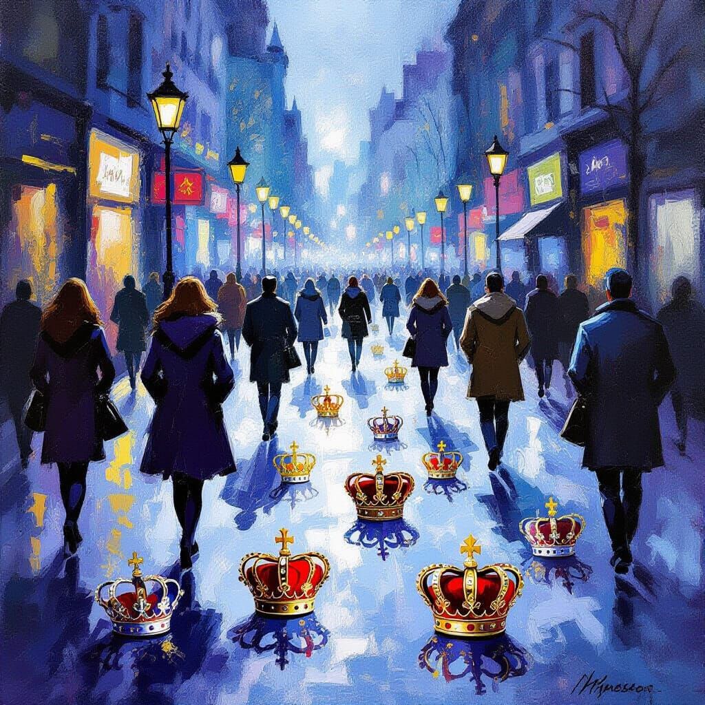 Surreal Gouache Painting of Neglected Crowns in a City