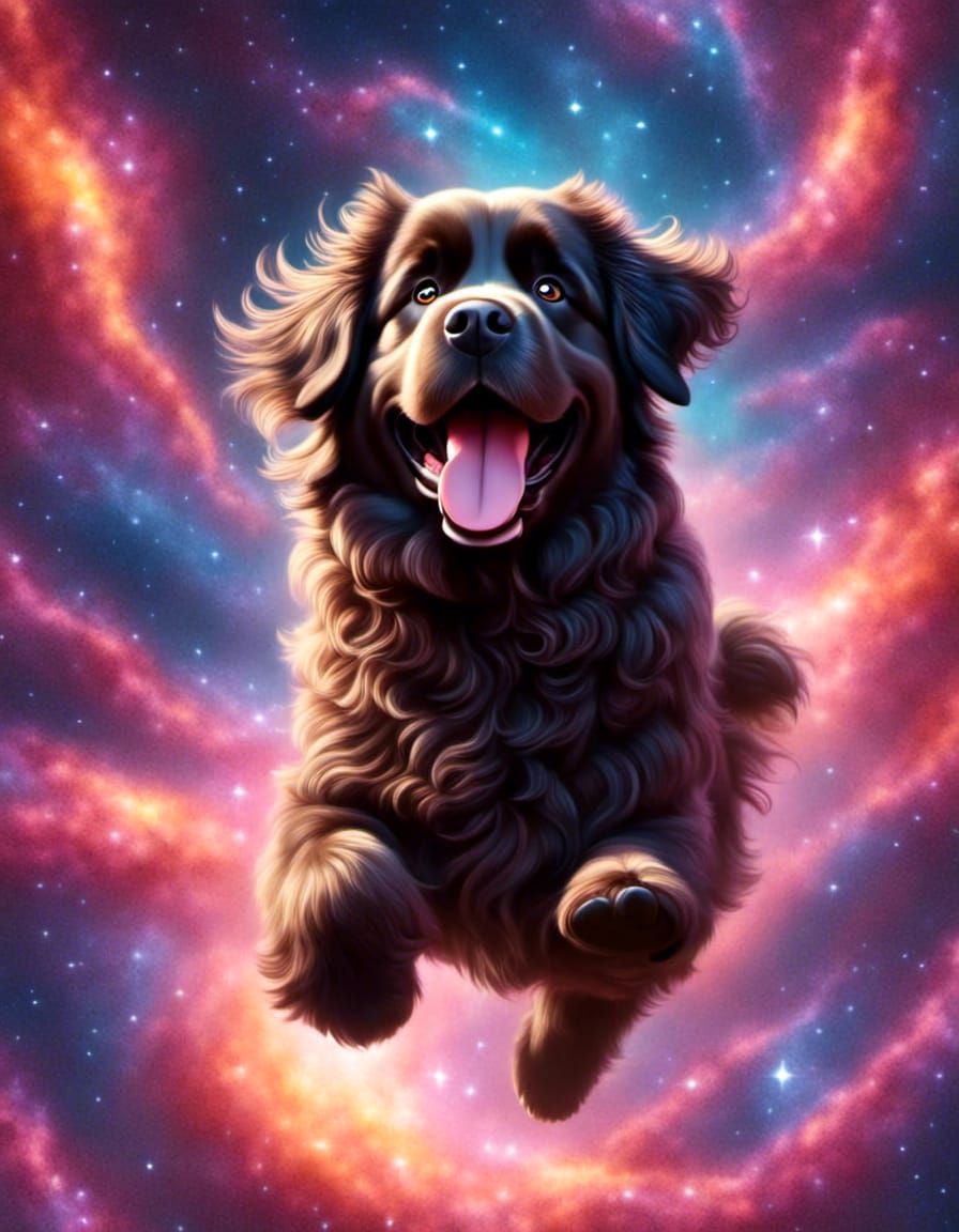Newfoundland Dog Flying Through Space in 3D