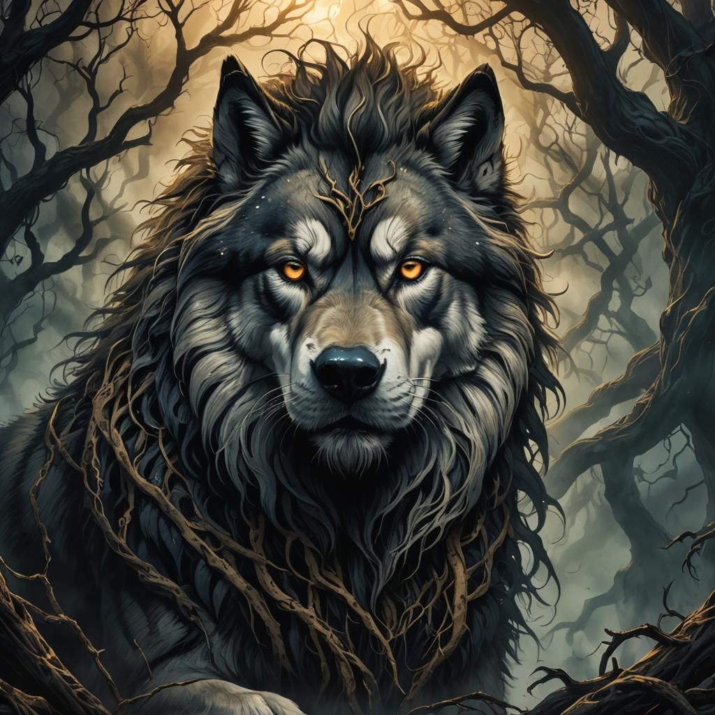 Lion-Husky Hybrid Portrait in Dark Fantasy Style