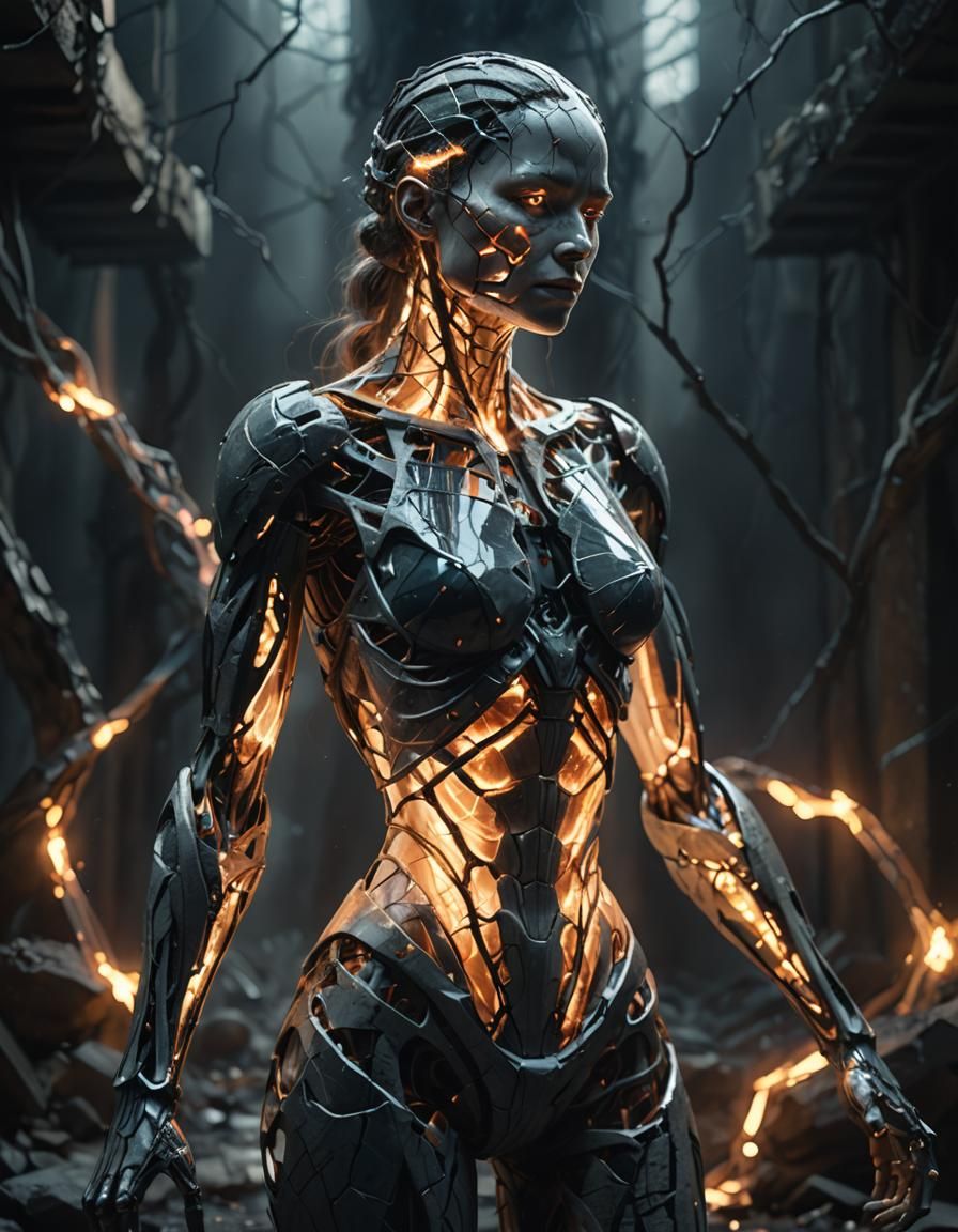 Fractured Humanoid Robot with Glowing Veins
