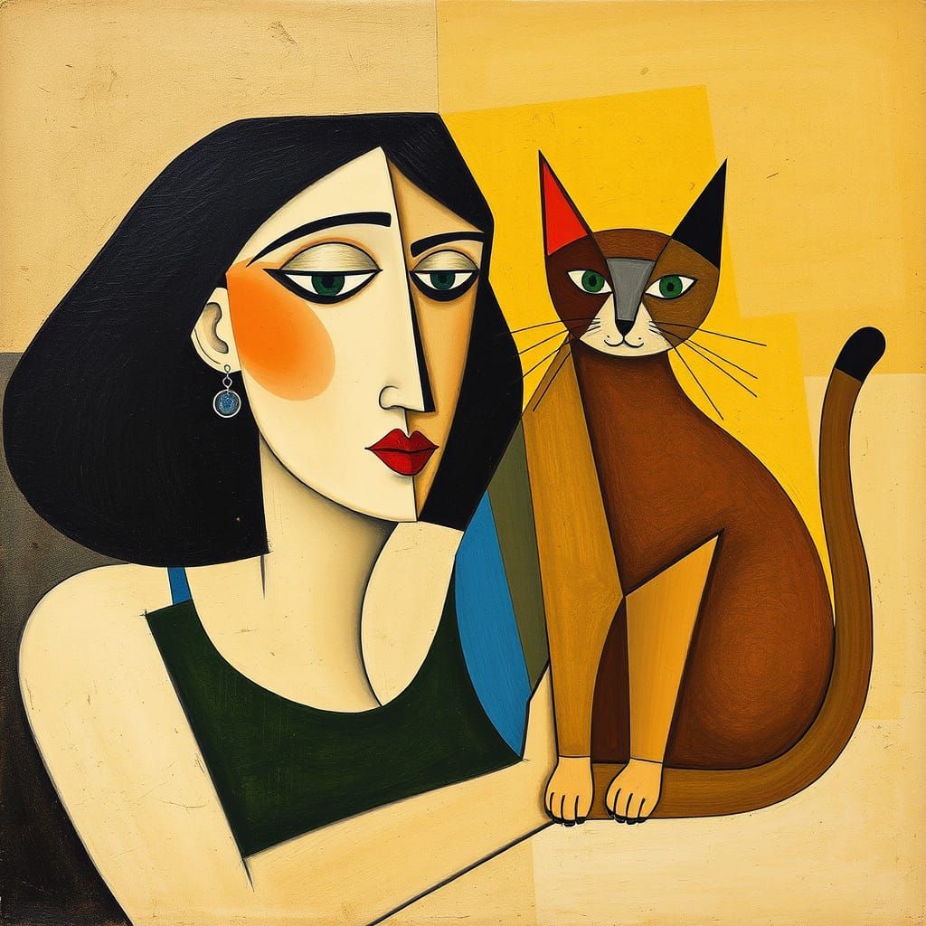Cubist Masterpiece of Woman and Cat