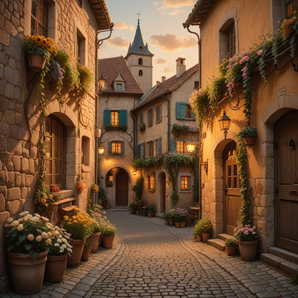 Whimsical European Village Scene in Warm Golden Light