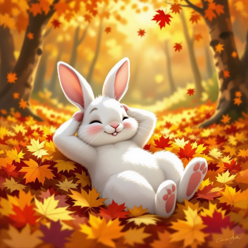 Cute Rabbit Lounging in Vibrant Autumn Forest