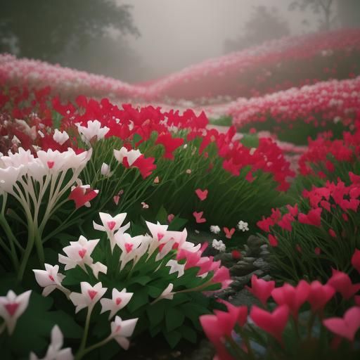 Red and White Bleeding Hearts Macro Photorealism