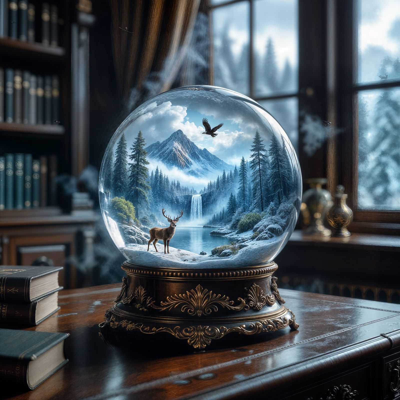 Ornate Snow Globe with Forest Scene, Hyper-Realistic