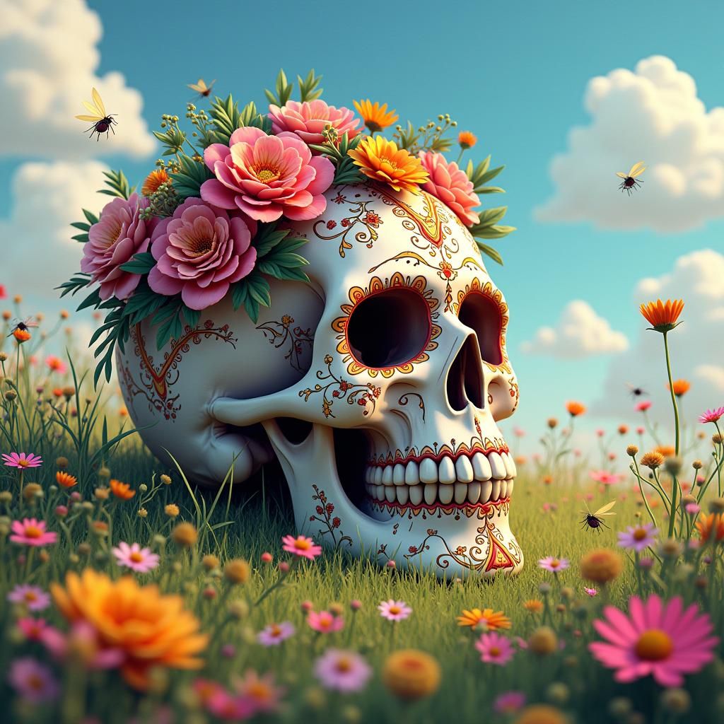 Ornate Sugar Skull in Lush Meadow