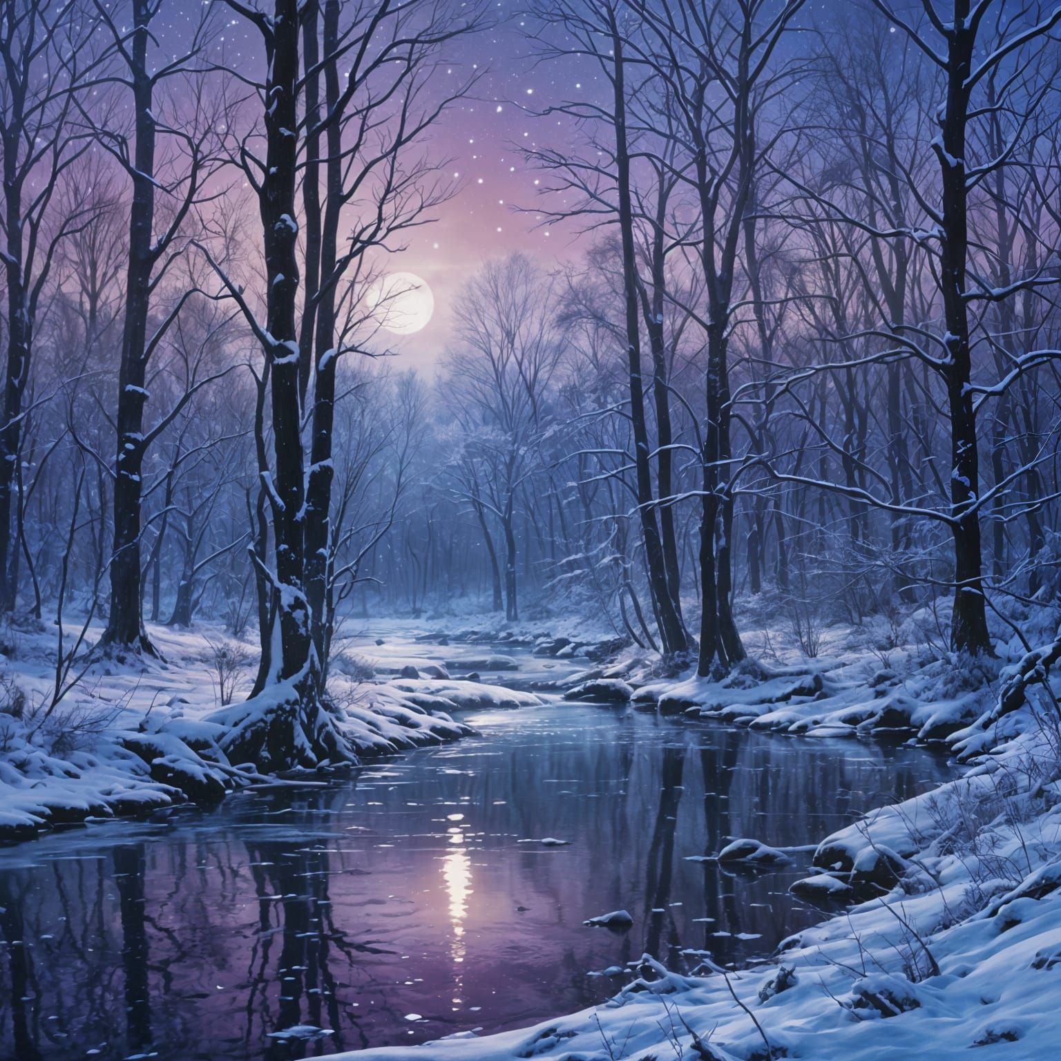 Winter River Shimmers Under Moonlight