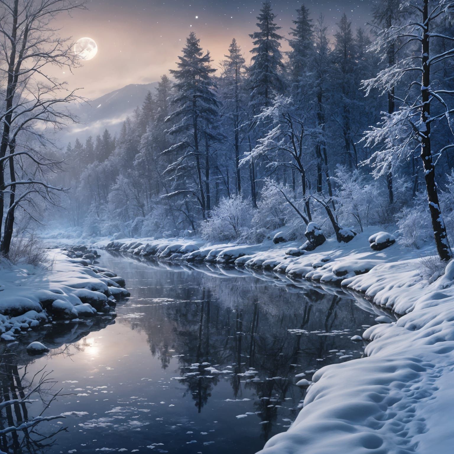 Winter Forest River Under Full Moon