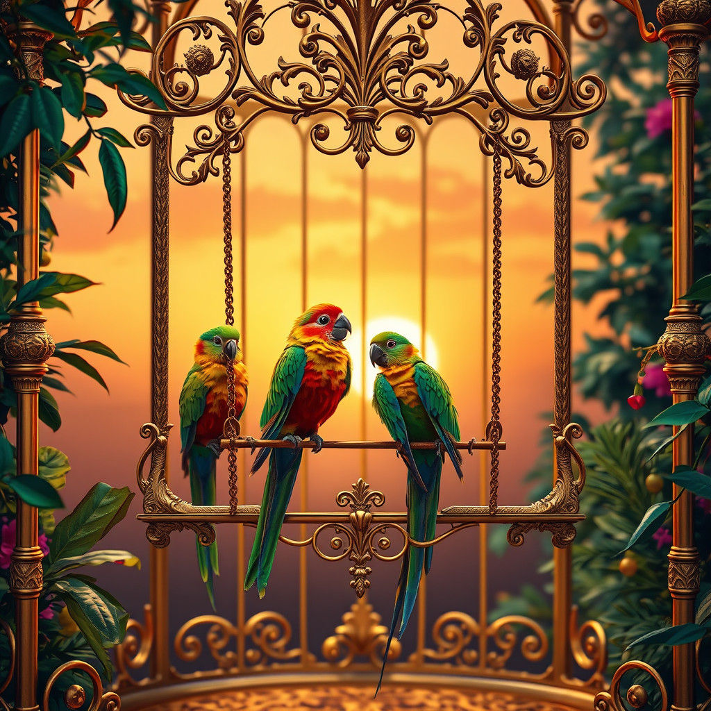 Exotic Birds in Baroque Cage, Matte Painting