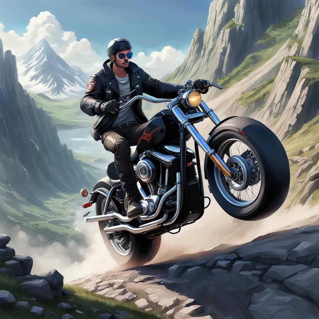 Man Rides Harley Up Mountain in 3D Anime Art