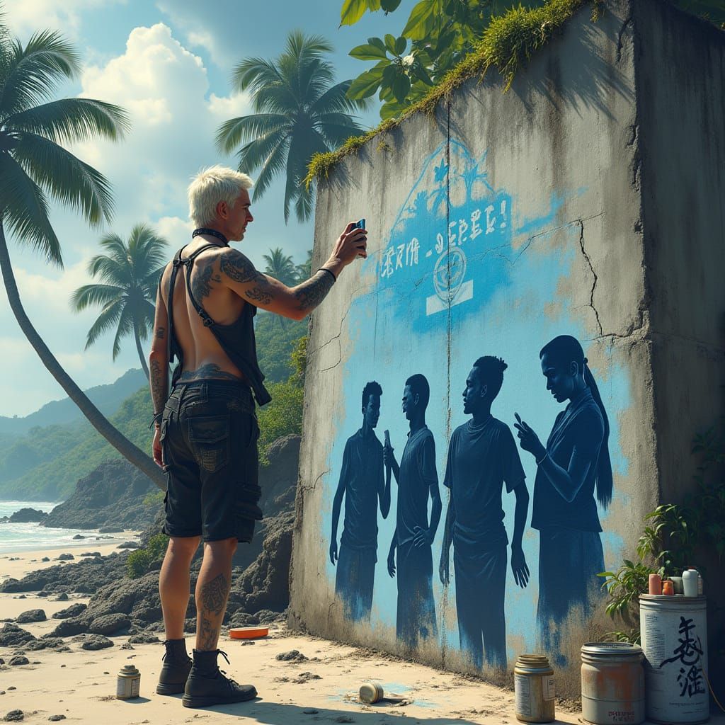 Tropical Beach Mural: Satire of Digital Narcissism