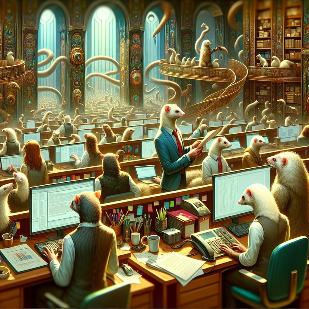 Anthropomorphic Ferret Office Workers in Fantasy Style