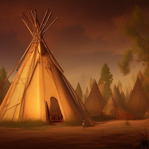 Ojibwe Teepee Interior in Gold Colors