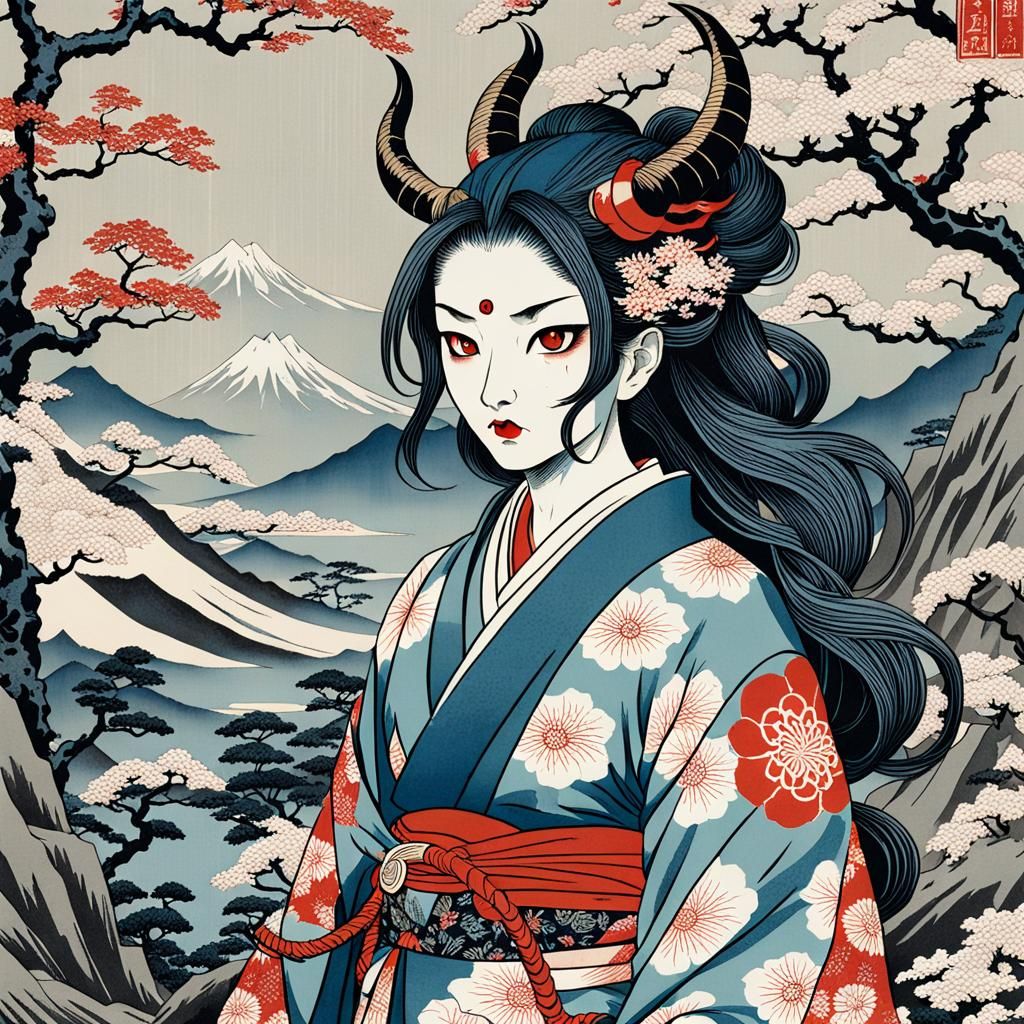 Japanese Girl with Nature Spirit in Ukiyo-e Style