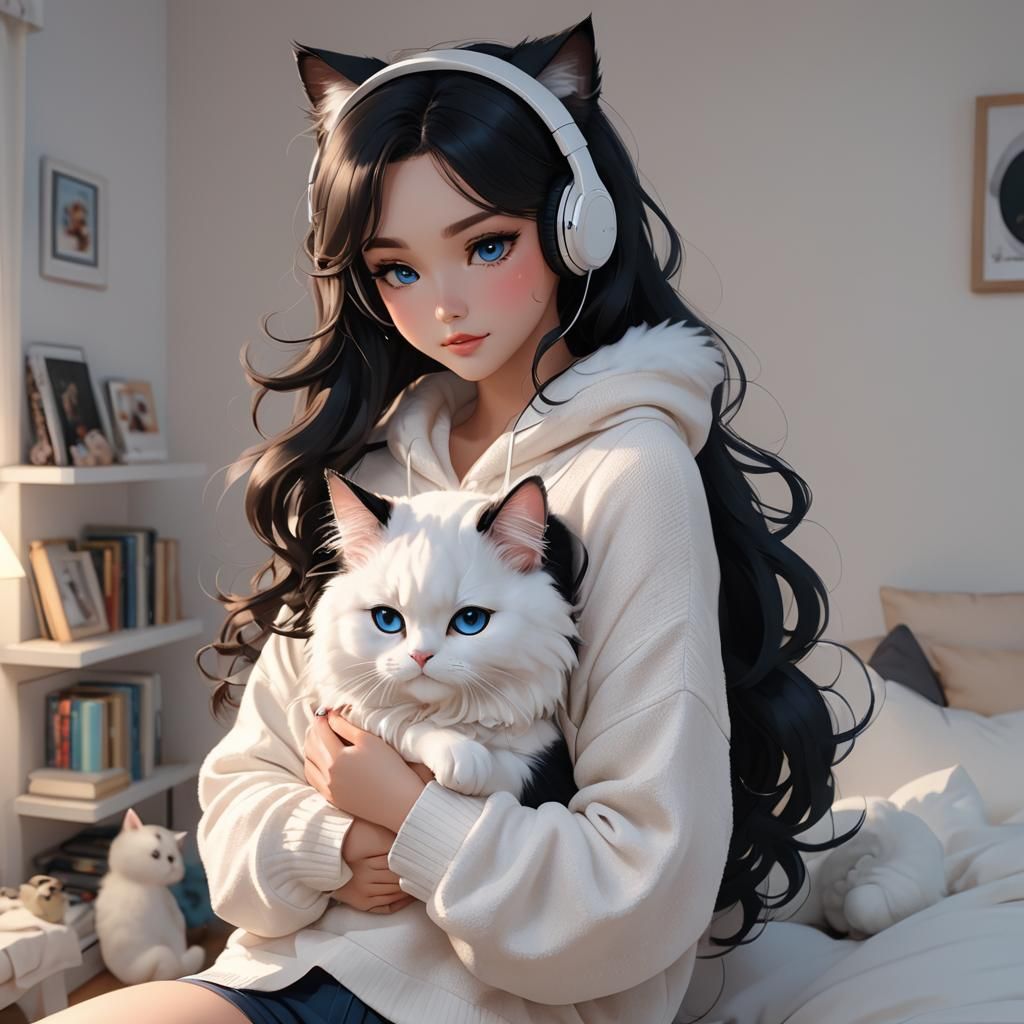Anime Girl with Cat in Colorful 3D Rendering