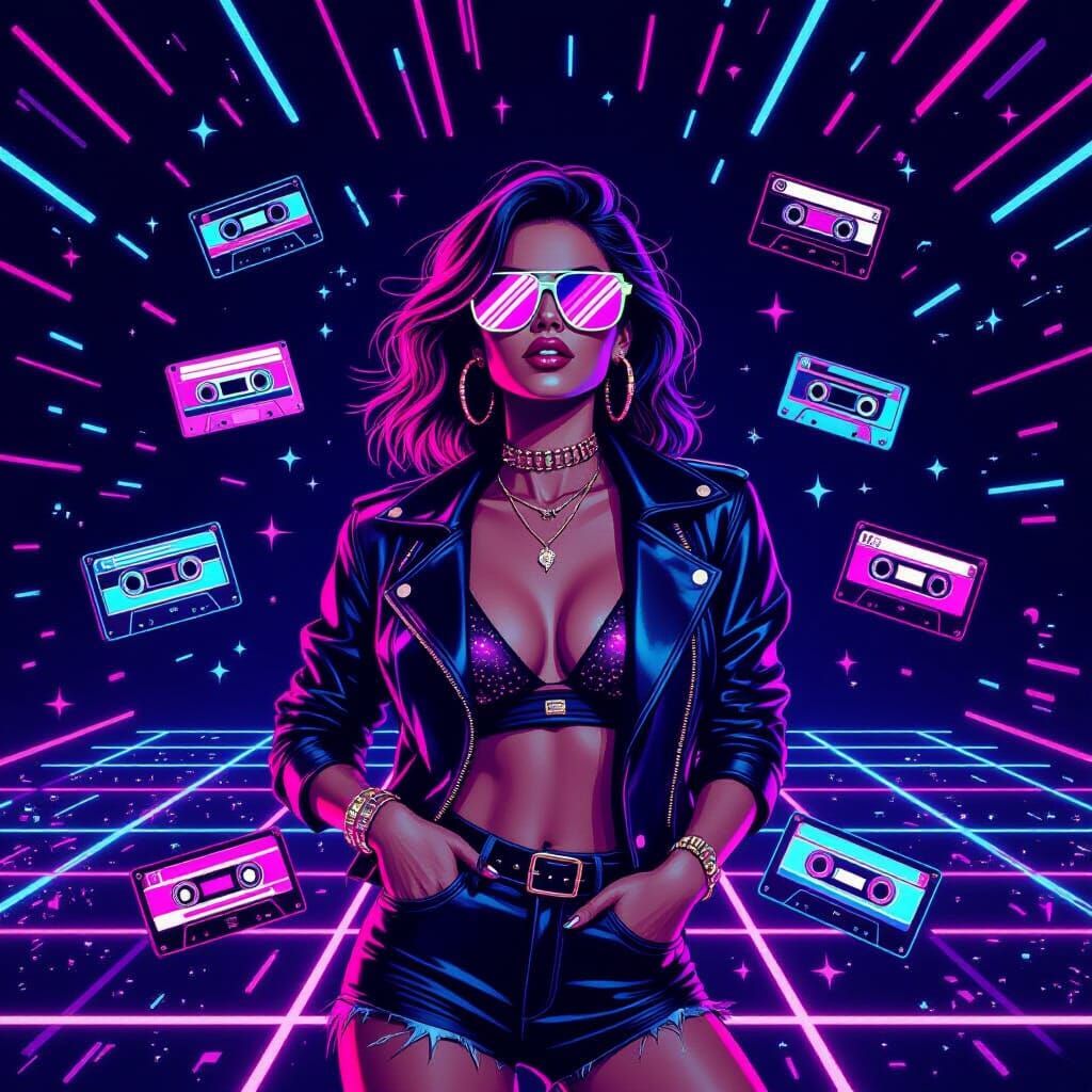 Neon Dance Floor with Cassette Tapes in Synthwave Style