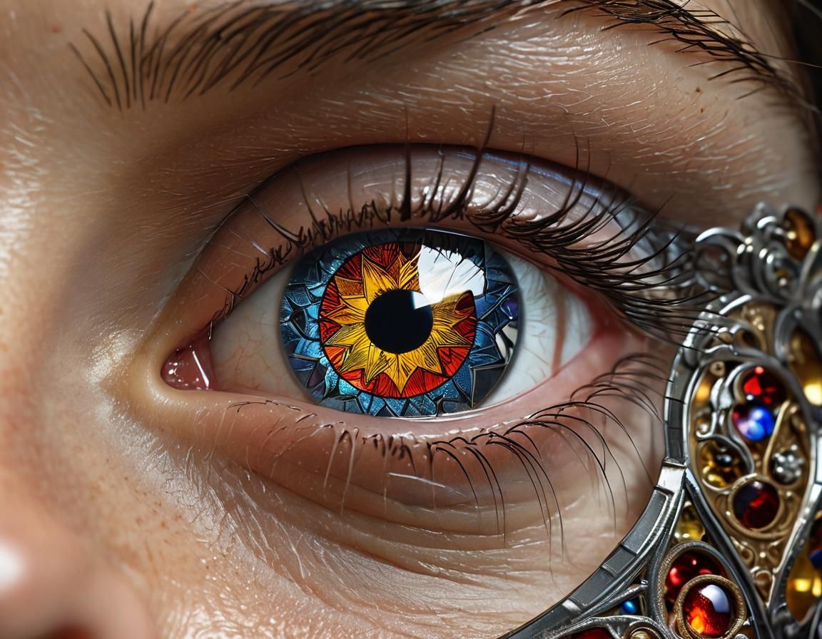Woman's Eye Reflecting Stained Glass, Hyperrealistic Close-U...