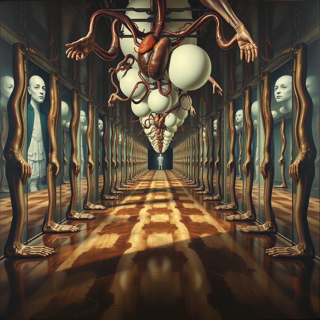 Surreal Hall of Reflections with Twisted Limbs and Floating ...