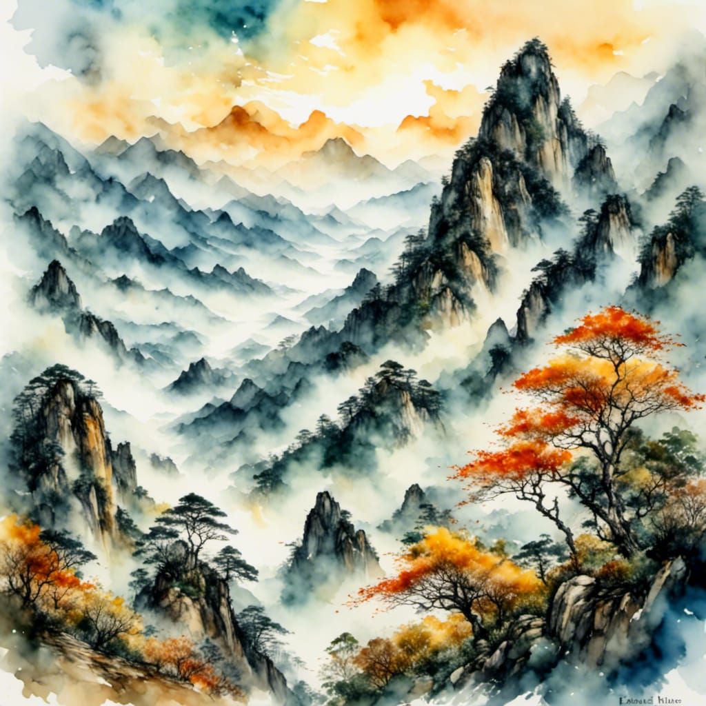 Huangshan Mountains in Ink, Watercolor Style