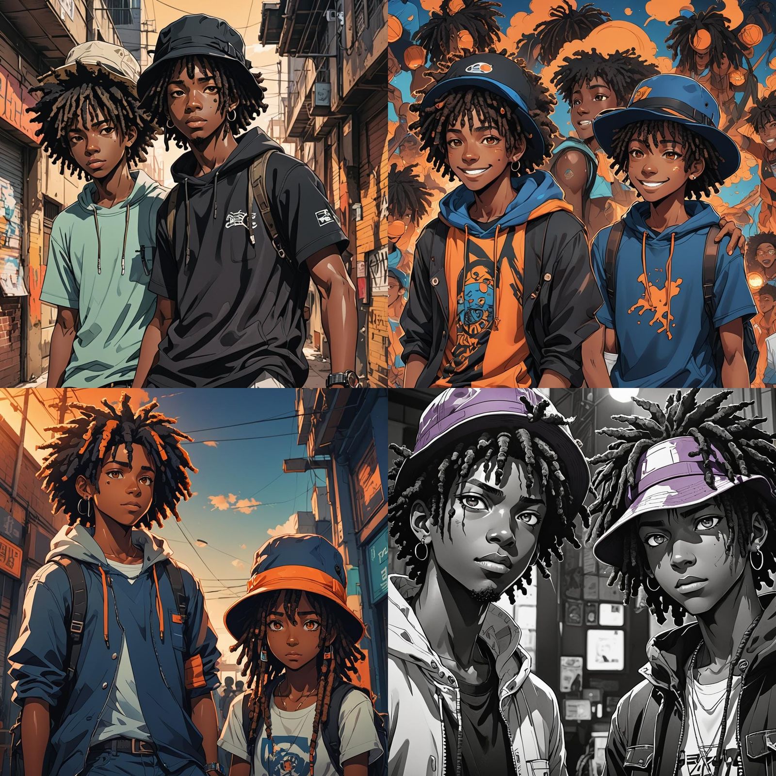 Teenage Friends with Afro and Dreads in Anime Style