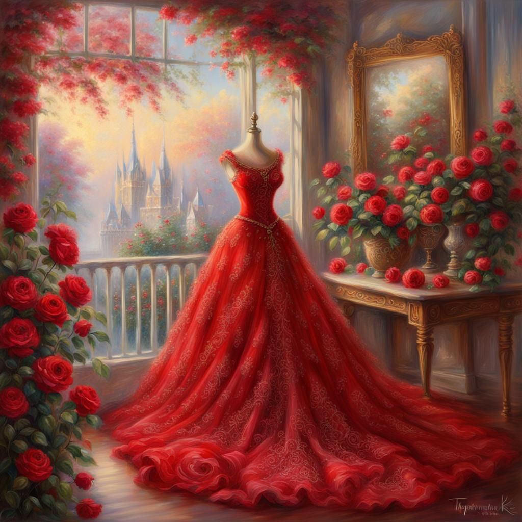 Romantic Red Dress with Roses in Ethereal Style