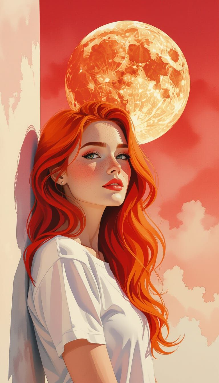 Stunning Redhead in Fire Red Watercolour Drawing