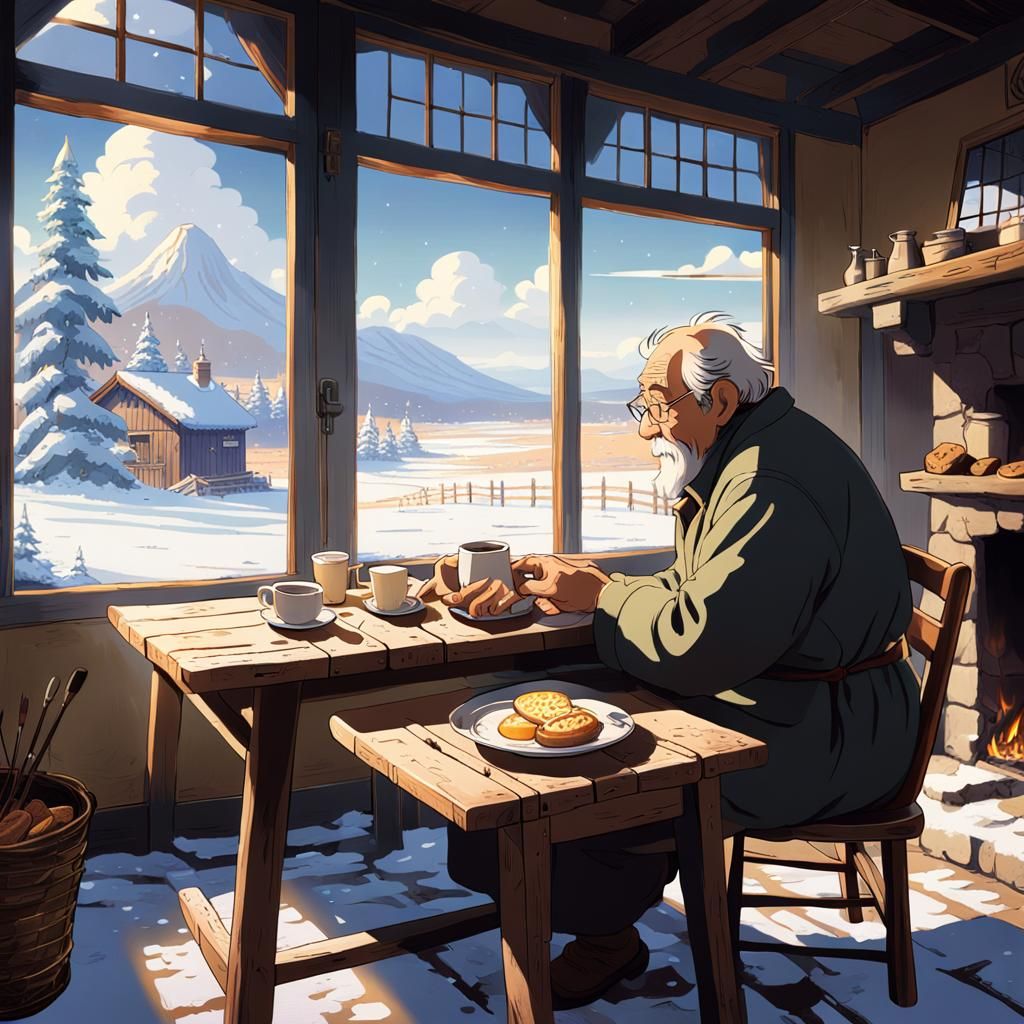 Elderly Man's Breakfast in Studio Ghibli Style
