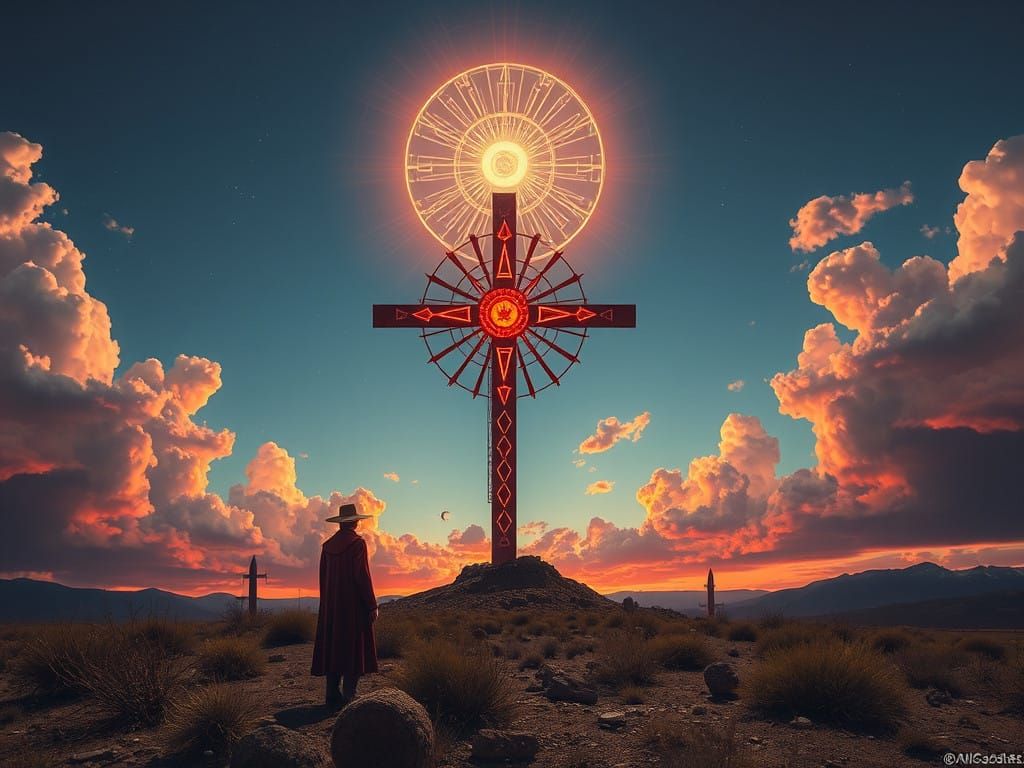 Godpunk Landscape with Radiant Sunset