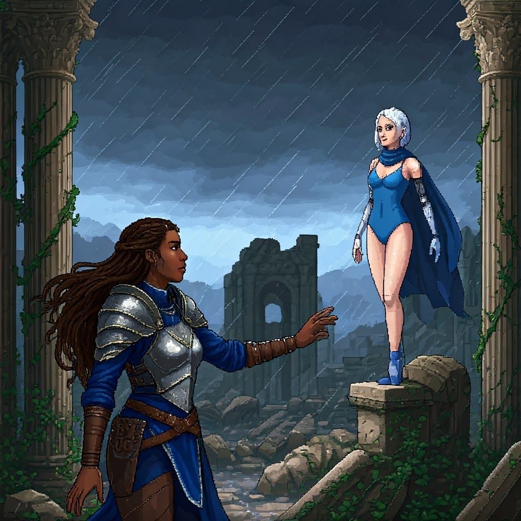 Adventurer and Princess in Ruined Landscape, Pixel Art
