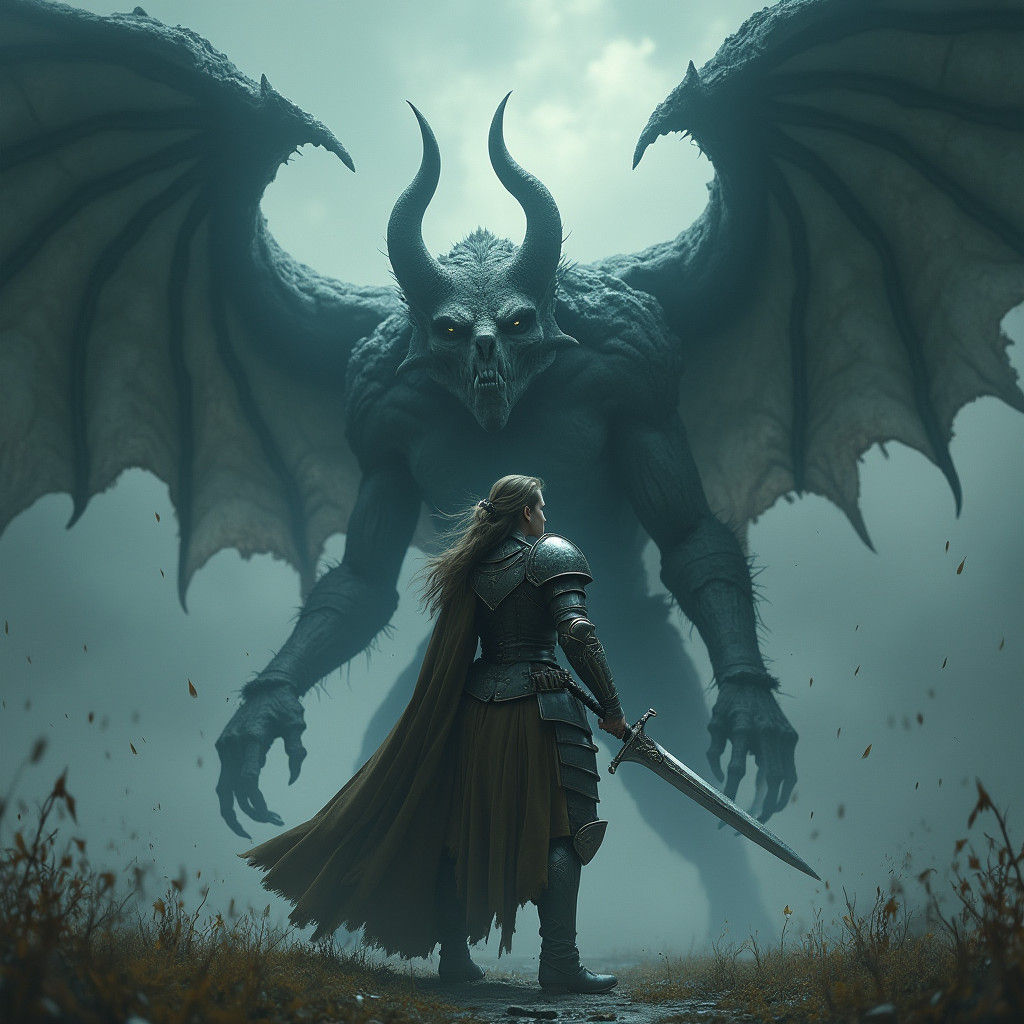 Warrior Battles Gargoyle on Stormy Night
