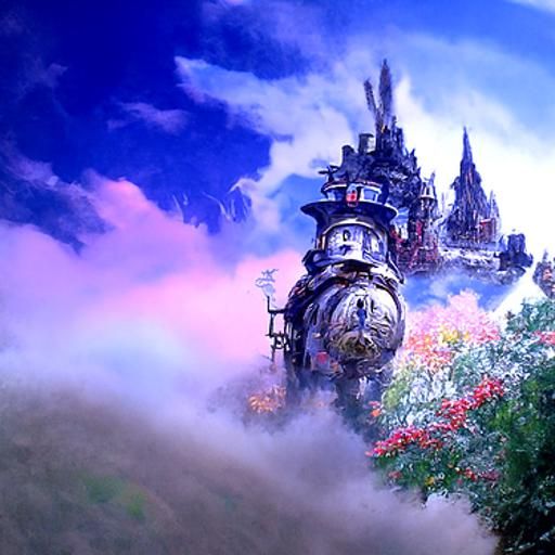 Howl's Moving Castle in Ethereal Fantasy Landscape