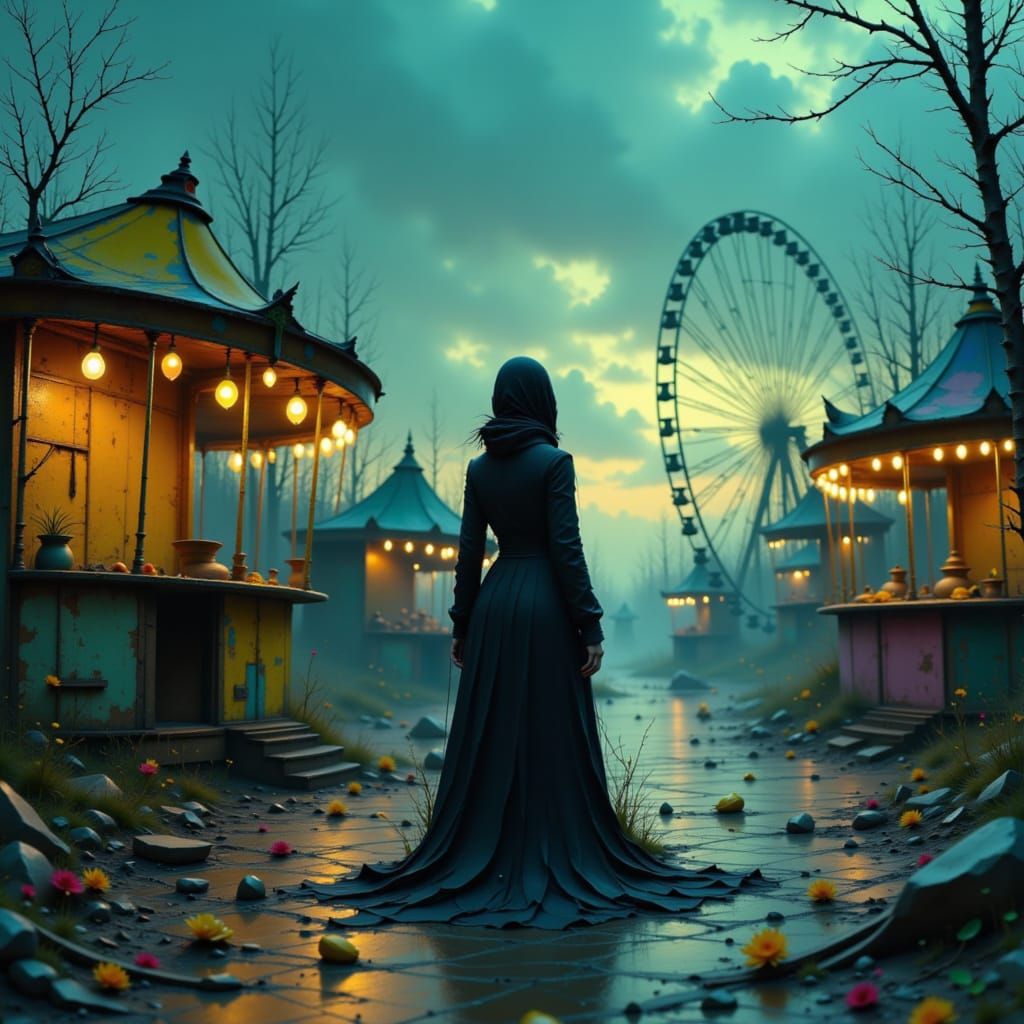 Mysterious Woman at Abandoned Carnival: Dark Art