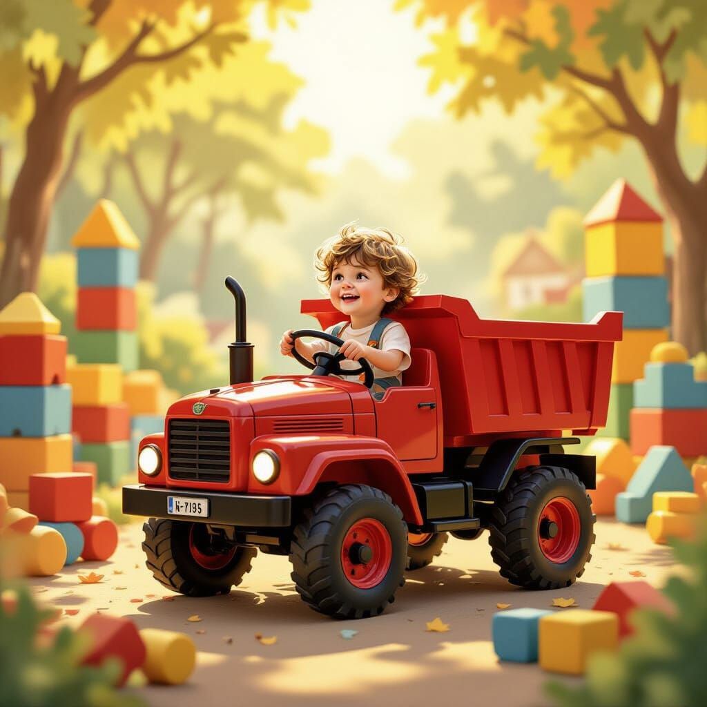 Child's Joyful Play With Red Toy Truck