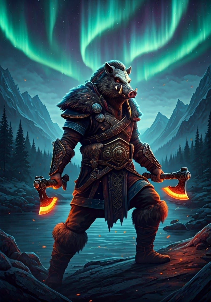 Viking Berserker with Glowing Axes in Norse Landscape