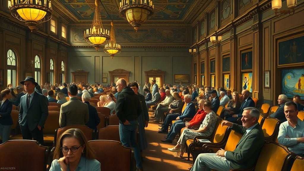 Surrealist Waiting Room Scene in Opulent Art Nouveau Style