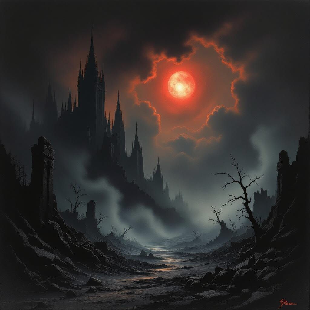 Dreadful Dark Landscape in Dramatic Etching Style