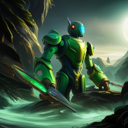Green Robot in Detailed Matte Painting Style